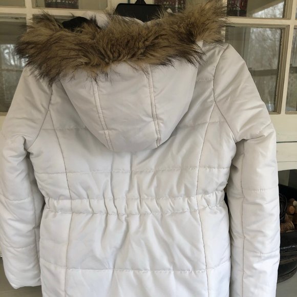 Girls White Puffy Coat with Fur on Hood - Picture 3 of 7